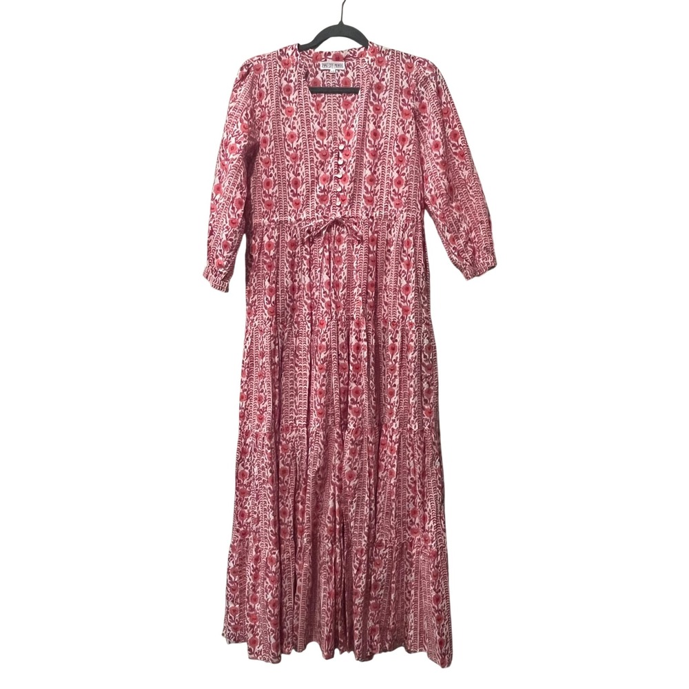 Pink City Prints Maxi Dress Womens XS Pink Floral Block Print Tiered Cottage